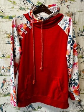 Rogue Red/Orange Cowl Pullover Hoodie with Floral Print Sleeves - size medium